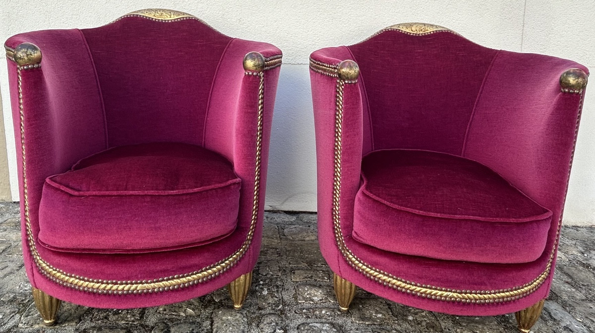 Maurice Dufrène, paire de fauteuils barrel Art Nouveau 