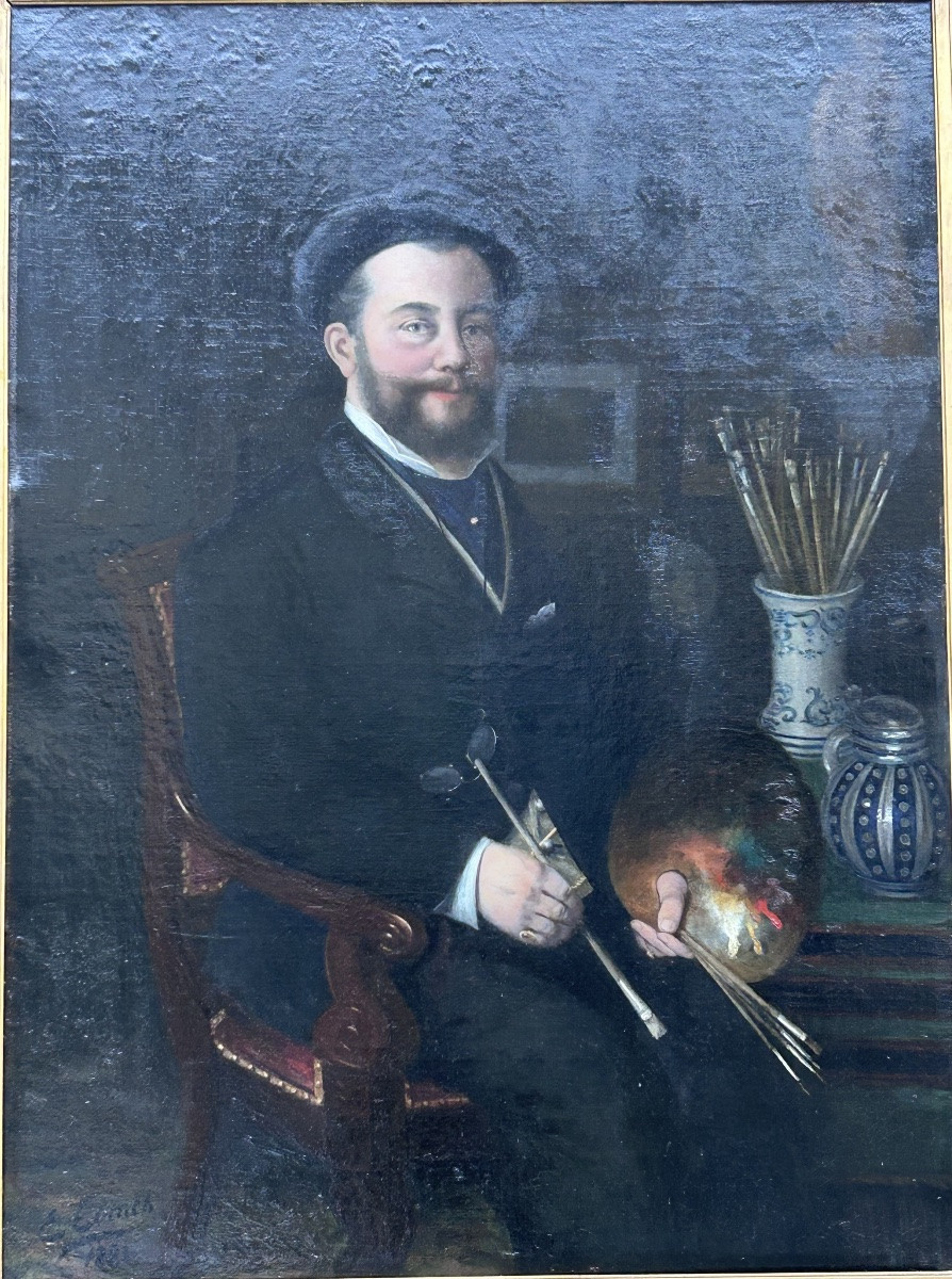 Tableau de château huile sur toile portrait d’artiste E. Evincx (?)-photo-3