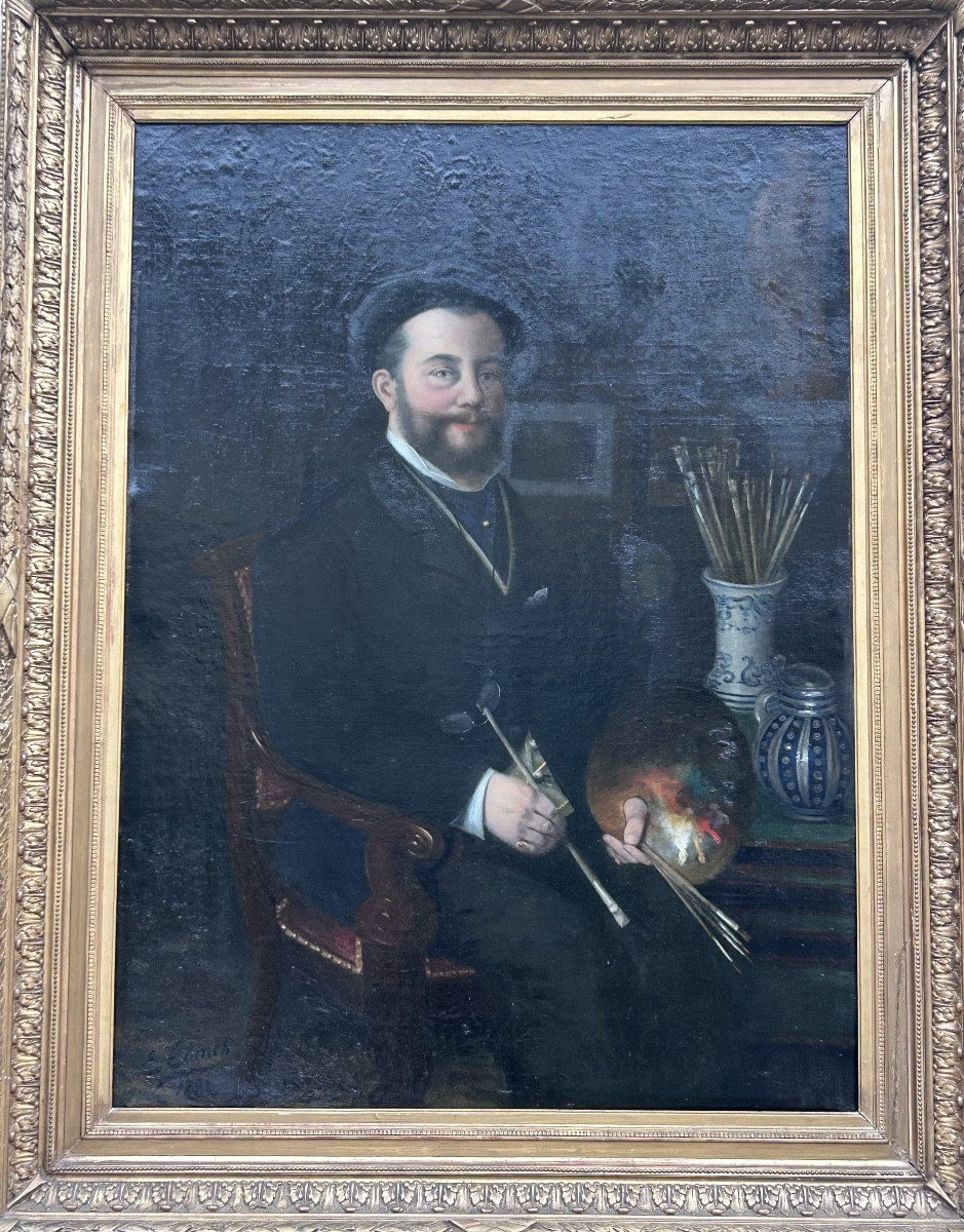 Tableau de château huile sur toile portrait d’artiste E. Evincx (?)