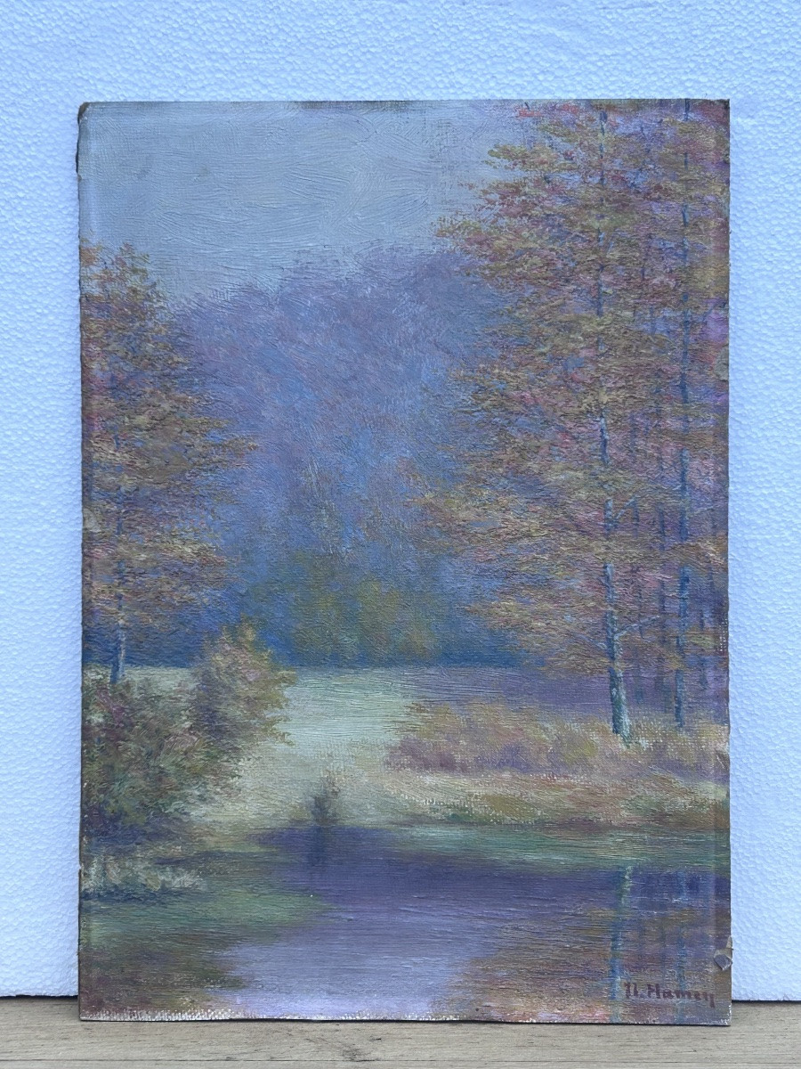 Hamen, huile sur panneau paysage sous-bois, pointillisme-photo-2