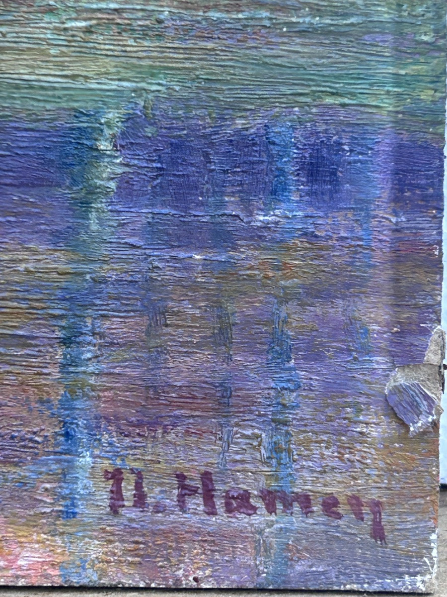 Hamen, huile sur panneau paysage sous-bois, pointillisme-photo-3