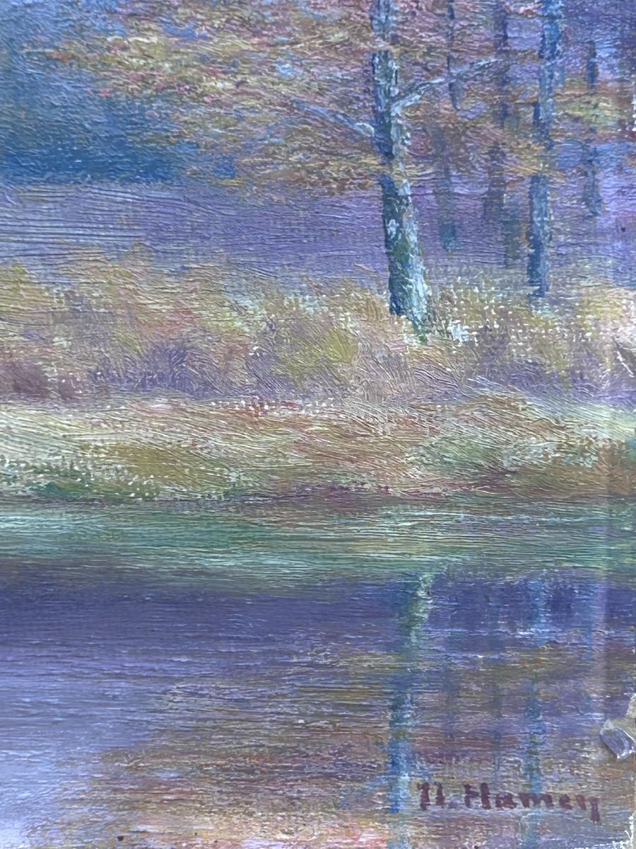 Hamen, huile sur panneau paysage sous-bois, pointillisme-photo-5