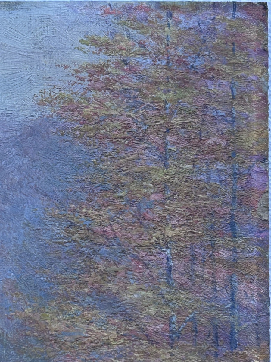 Hamen, huile sur panneau paysage sous-bois, pointillisme-photo-7