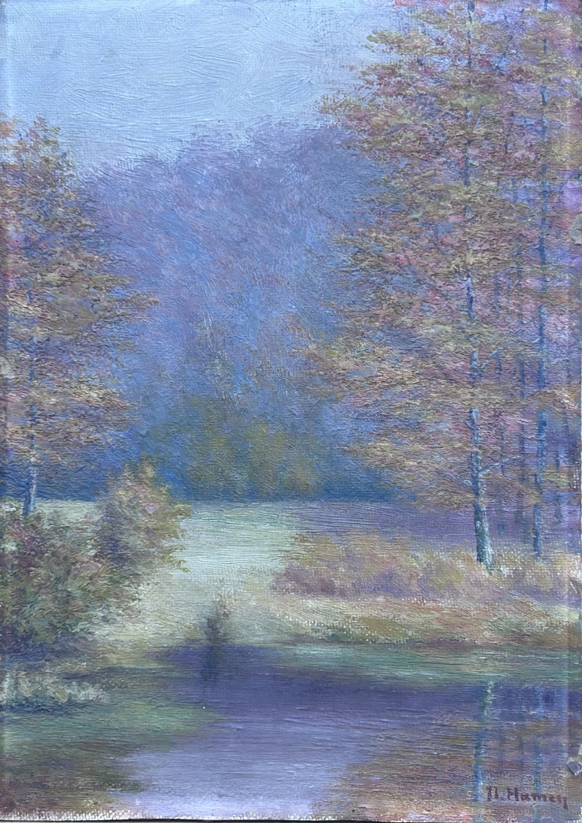 Hamen, huile sur panneau paysage sous-bois, pointillisme