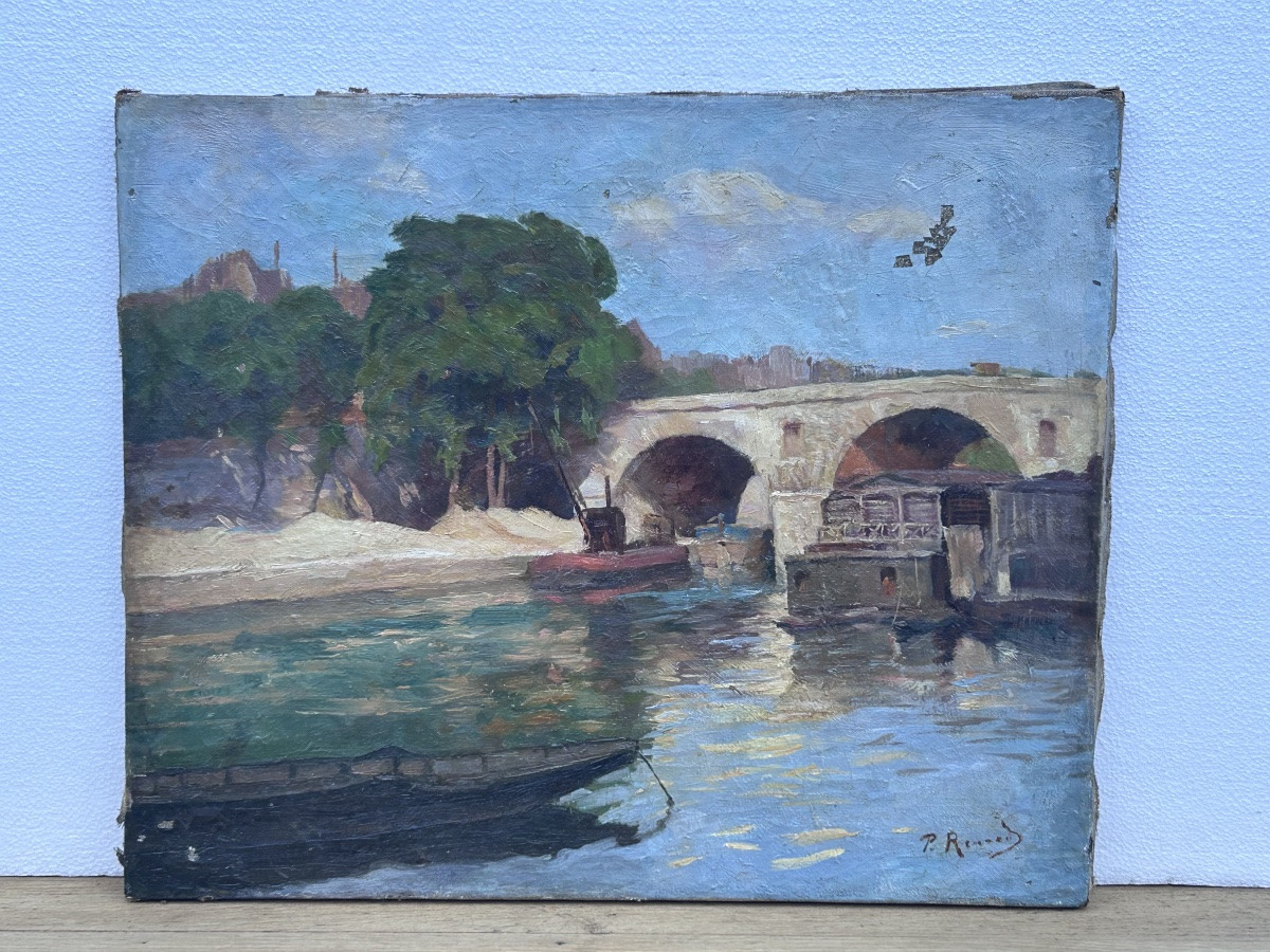 P. Renard, huile sur toile paysage bords de Seine, Paris-photo-2