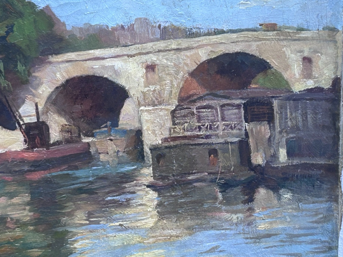 P. Renard, huile sur toile paysage bords de Seine, Paris-photo-4