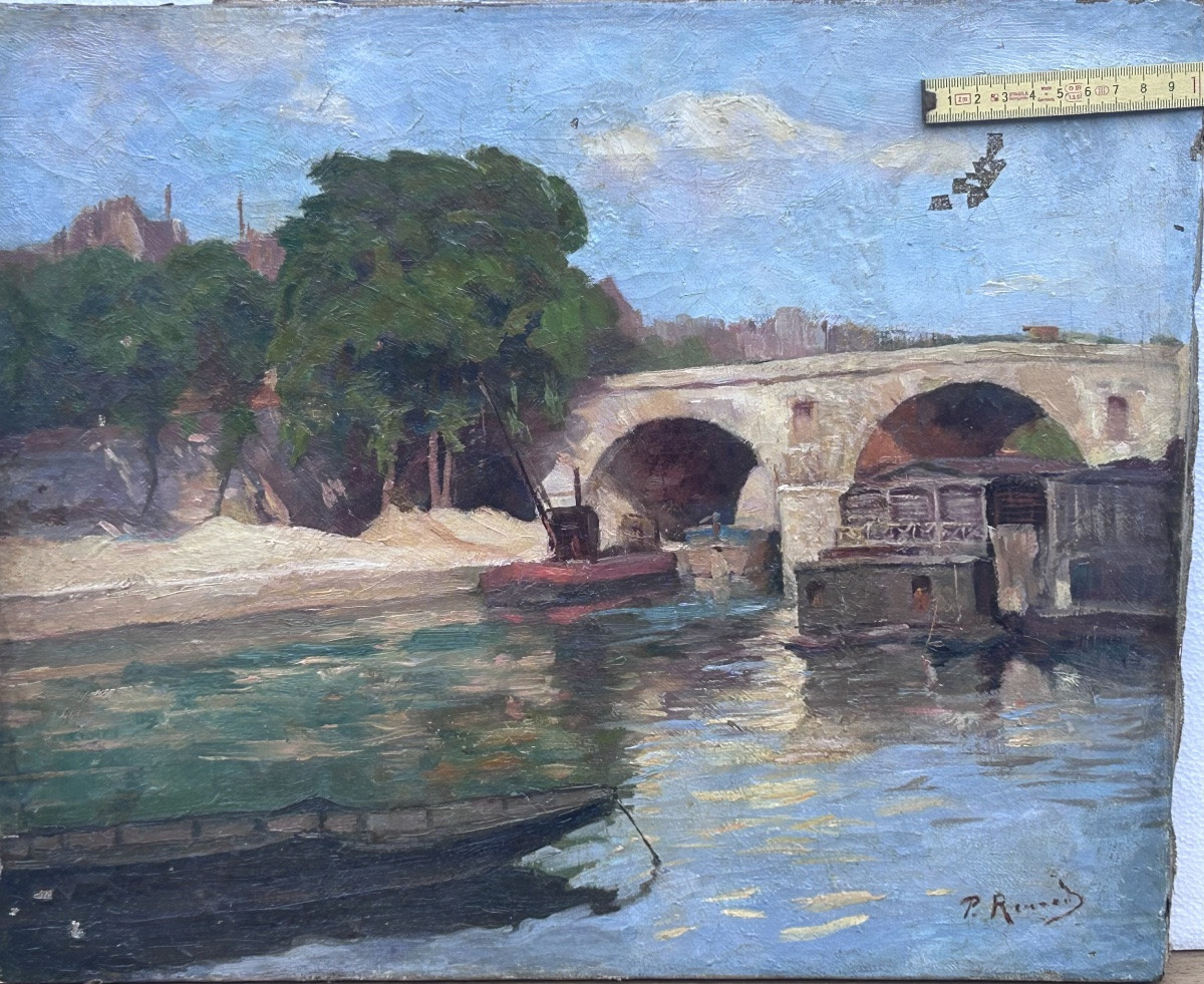 P. Renard, huile sur toile paysage bords de Seine, Paris-photo-2