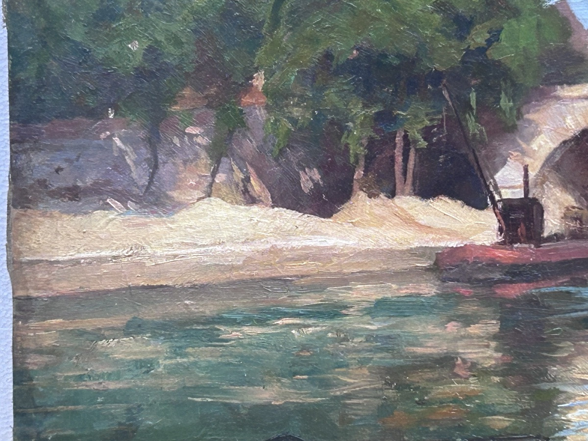 P. Renard, huile sur toile paysage bords de Seine, Paris-photo-3