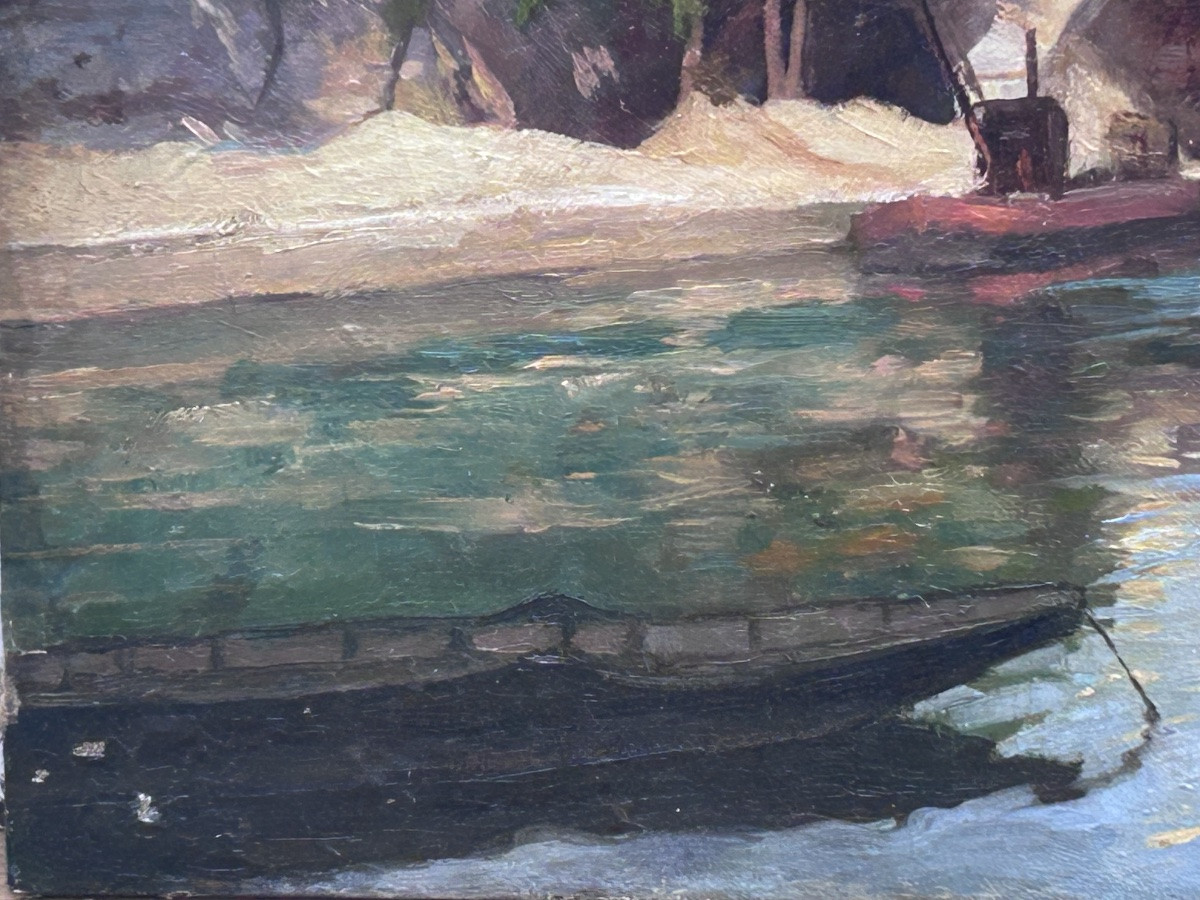 P. Renard, huile sur toile paysage bords de Seine, Paris-photo-4