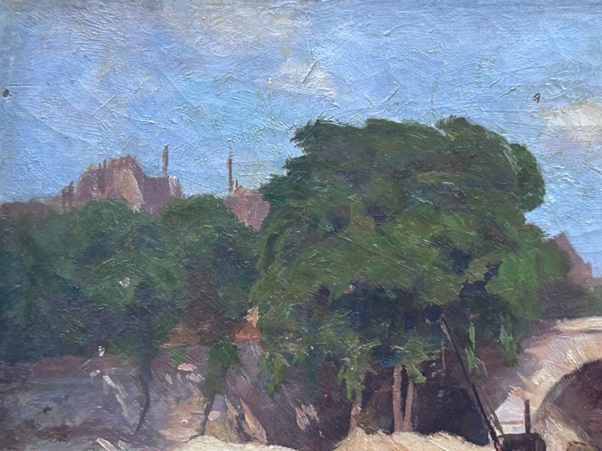 P. Renard, huile sur toile paysage bords de Seine, Paris-photo-7