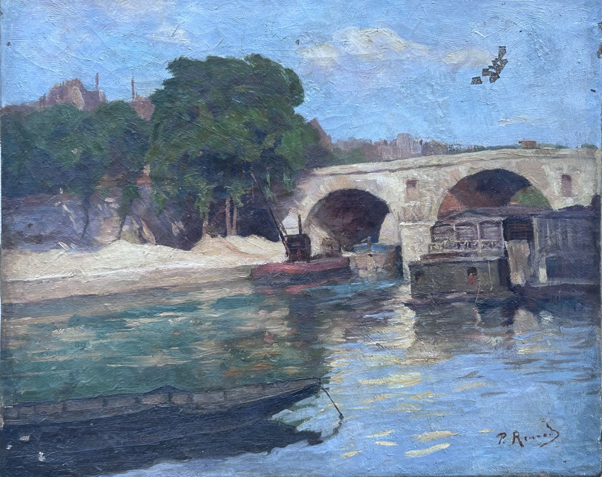 P. Renard, huile sur toile paysage bords de Seine, Paris