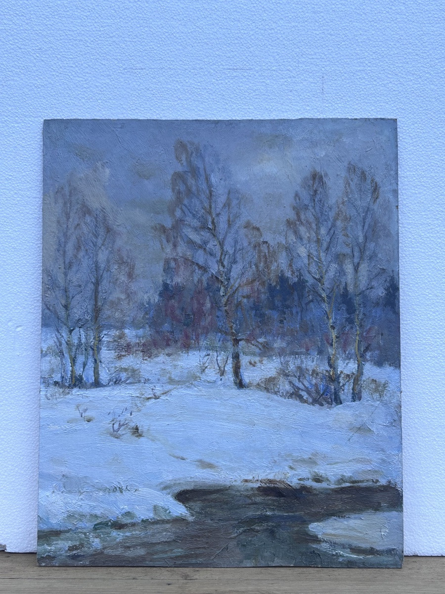 Paysage hivernal huile sur carton-photo-2