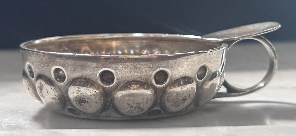 Tastevin en argent massif avec nervures et perles relief XIXe siècle -photo-2