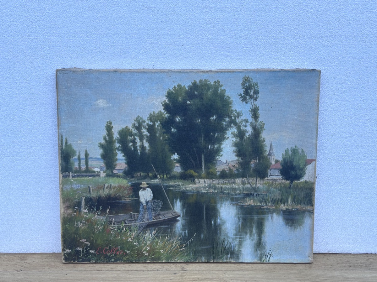 E. Collet, huile sur toile paysage bords de Meuse XIXe siècle -photo-2