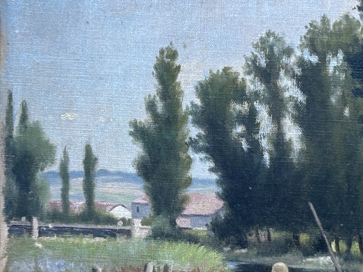 E. Collet, huile sur toile paysage bords de Meuse XIXe siècle -photo-2