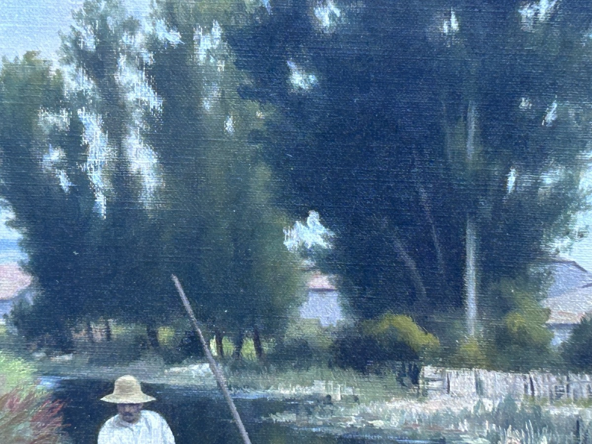 E. Collet, huile sur toile paysage bords de Meuse XIXe siècle -photo-3