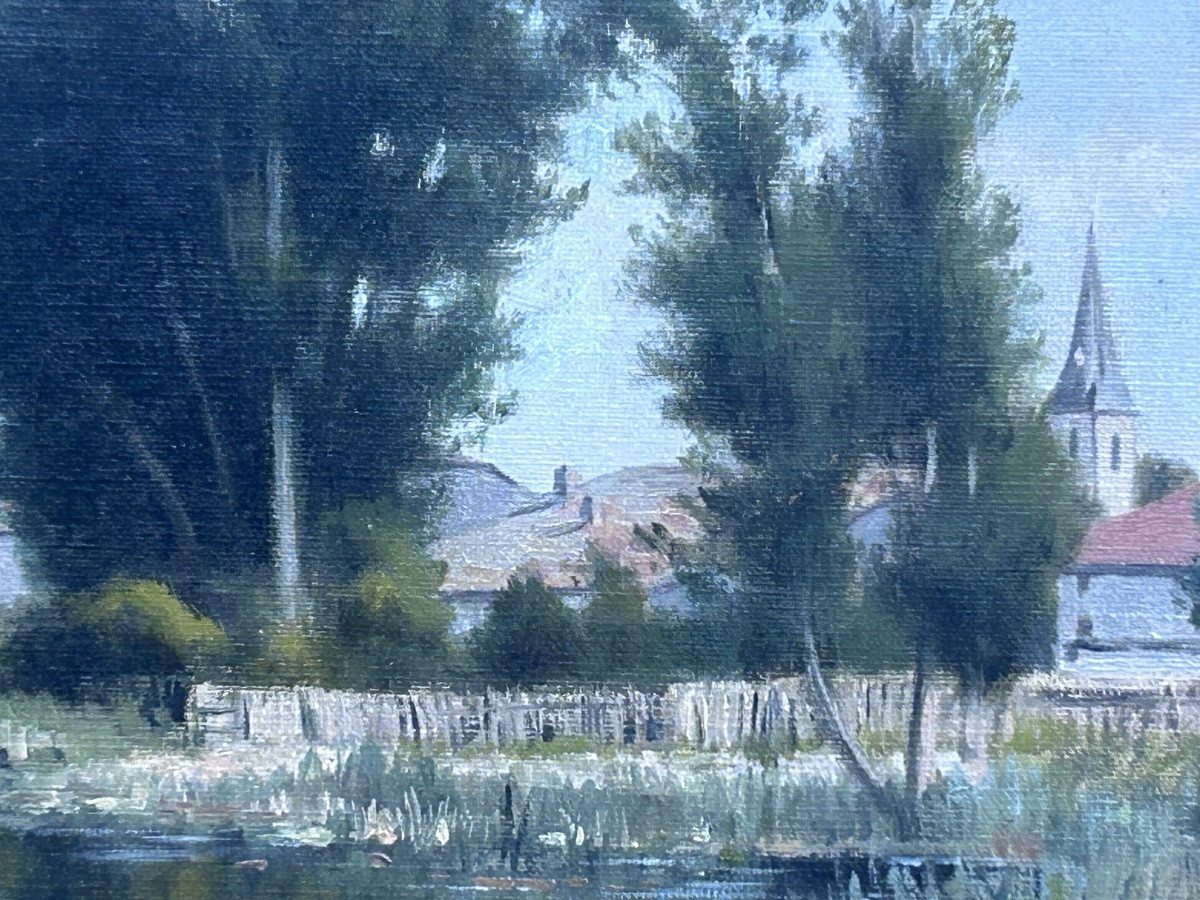 E. Collet, huile sur toile paysage bords de Meuse XIXe siècle -photo-4