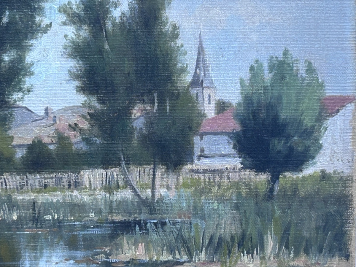 E. Collet, huile sur toile paysage bords de Meuse XIXe siècle -photo-5