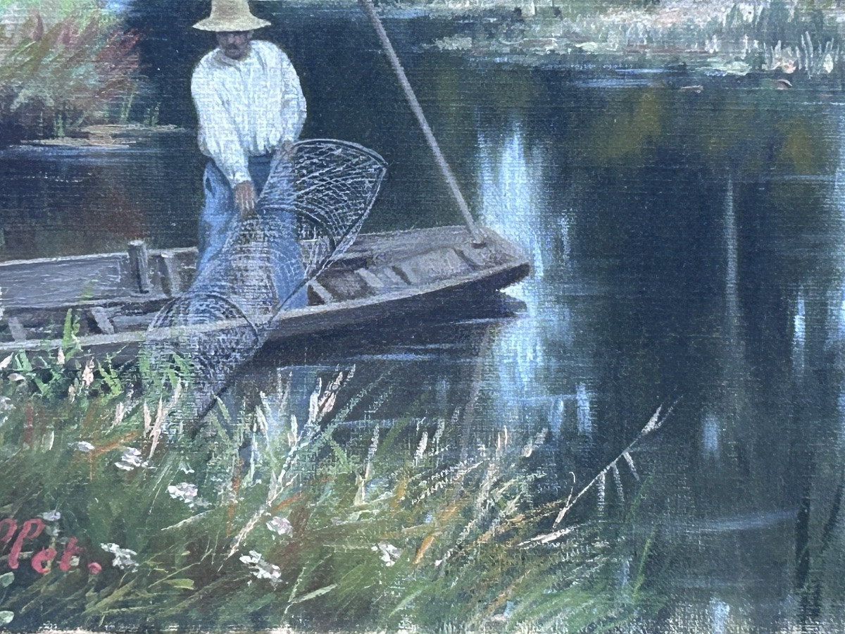E. Collet, huile sur toile paysage bords de Meuse XIXe siècle -photo-6
