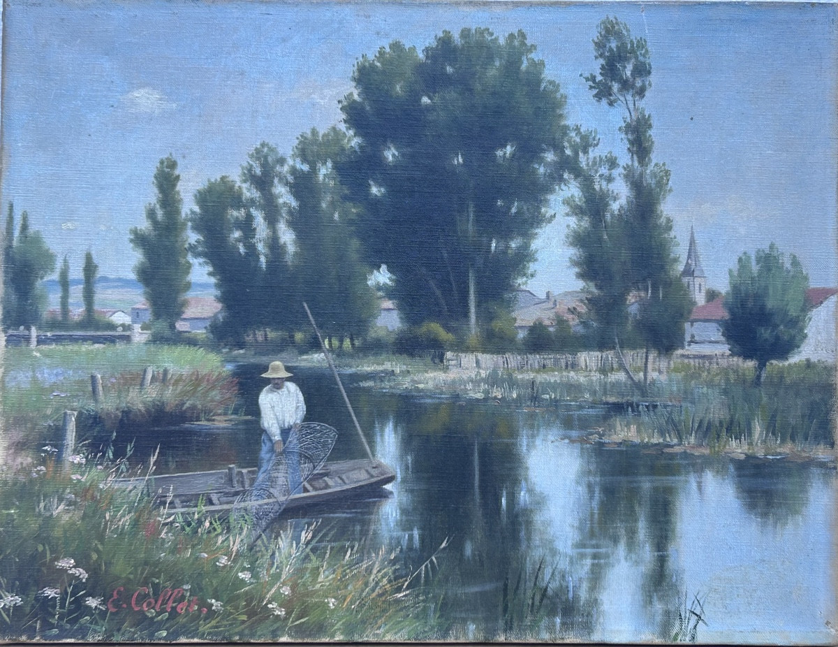 E. Collet, huile sur toile paysage bords de Meuse XIXe siècle 