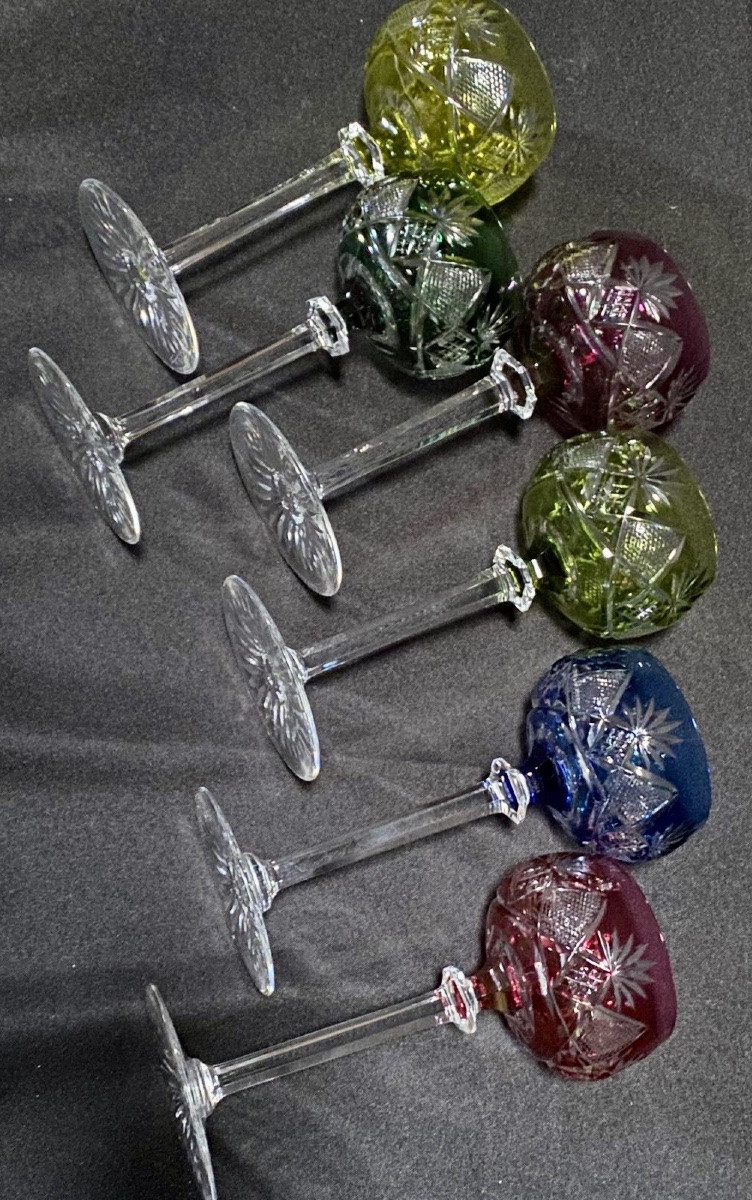Val St Lambert, 6 Colored Crystal White Wine Glasses Bernkastel Model-photo-2