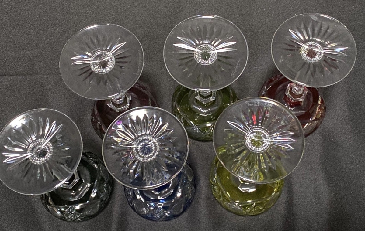 Val St Lambert, 6 Colored Crystal White Wine Glasses Bernkastel Model-photo-3