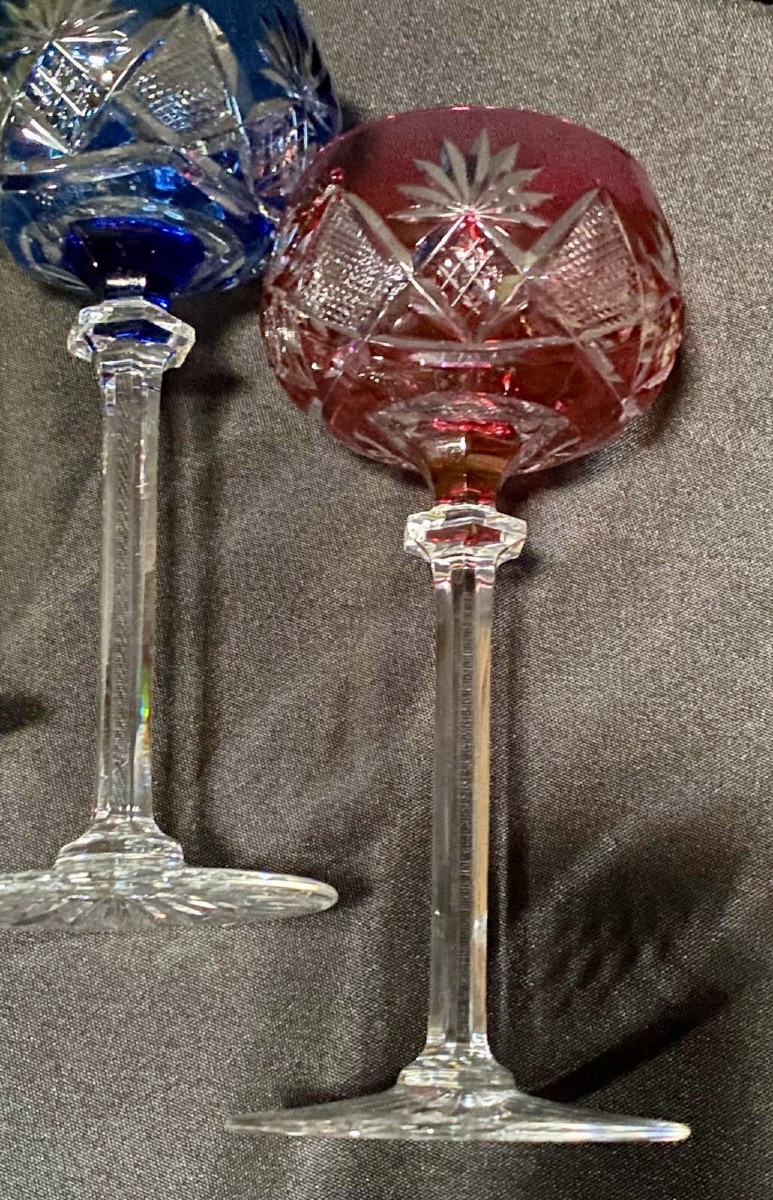 Val St Lambert, 6 Colored Crystal White Wine Glasses Bernkastel Model-photo-1