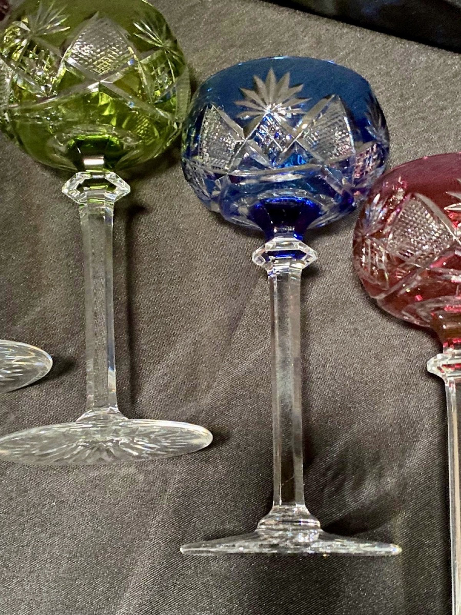 Val St Lambert, 6 Colored Crystal White Wine Glasses Bernkastel Model-photo-2