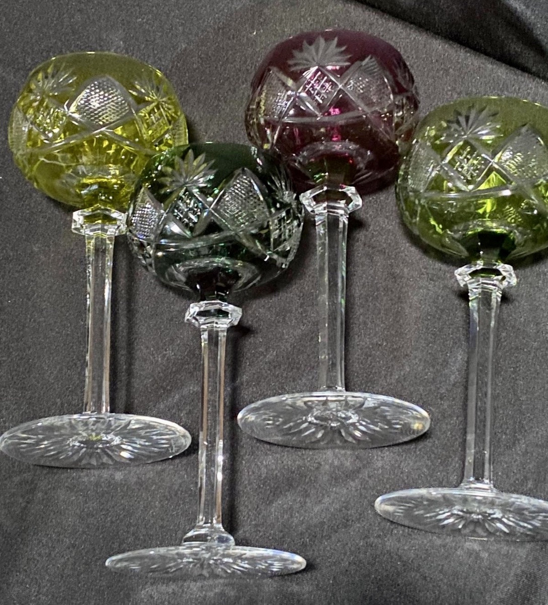 Val St Lambert, 6 Colored Crystal White Wine Glasses Bernkastel Model-photo-3