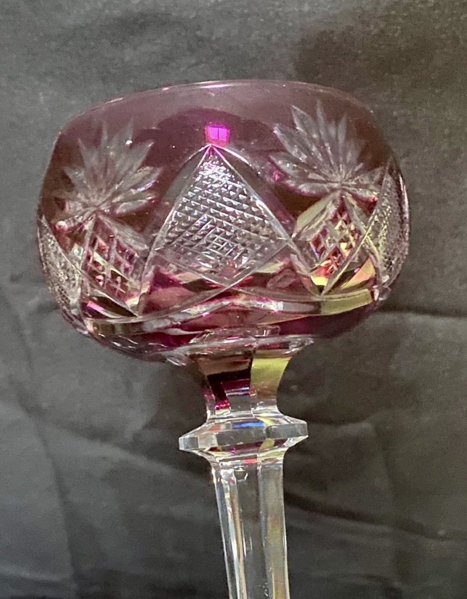 Val St Lambert, 6 Colored Crystal White Wine Glasses Bernkastel Model-photo-5