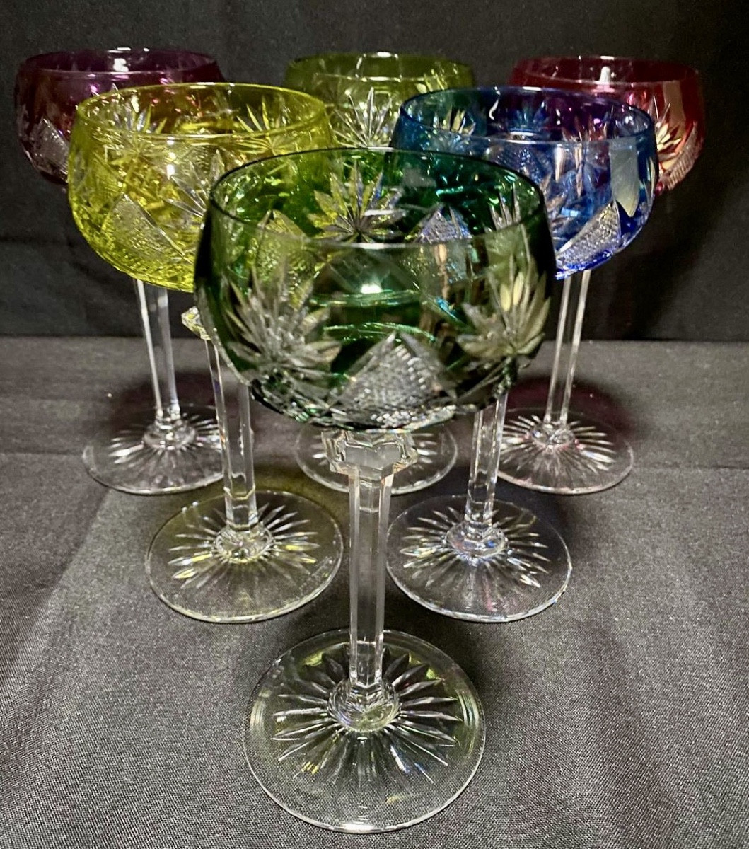 Val St Lambert, 6 Colored Crystal White Wine Glasses Bernkastel Model