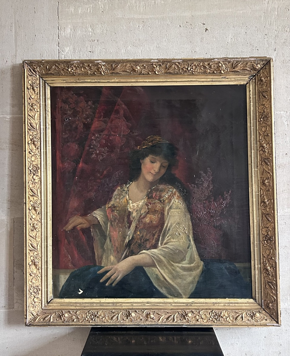 Tableau orientaliste portrait de femme huile sur toile XIXe siècle -photo-2