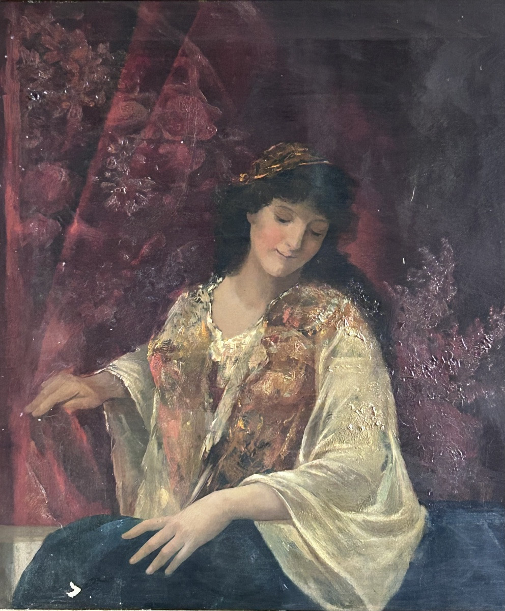 Tableau orientaliste portrait de femme huile sur toile XIXe siècle -photo-3