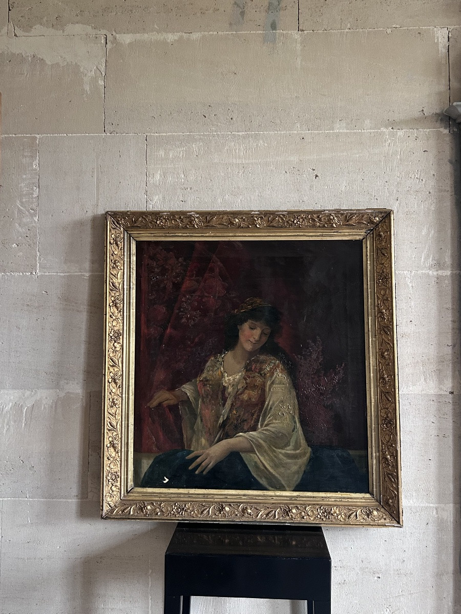 Tableau orientaliste portrait de femme huile sur toile XIXe siècle -photo-6