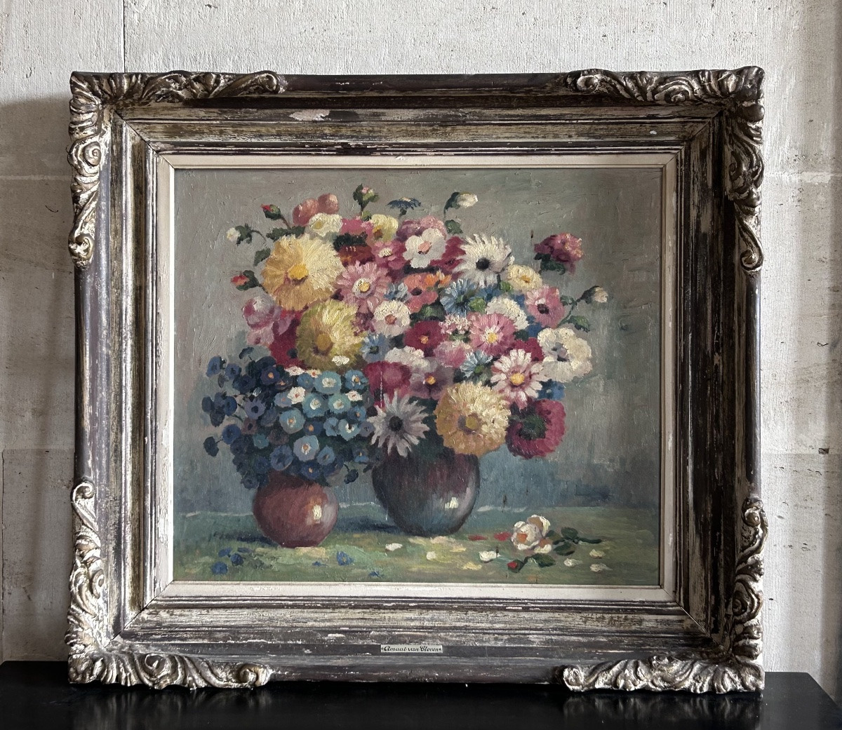 Amaat van Cleven, huile sur carton art déco bouquet de fleurs -photo-2