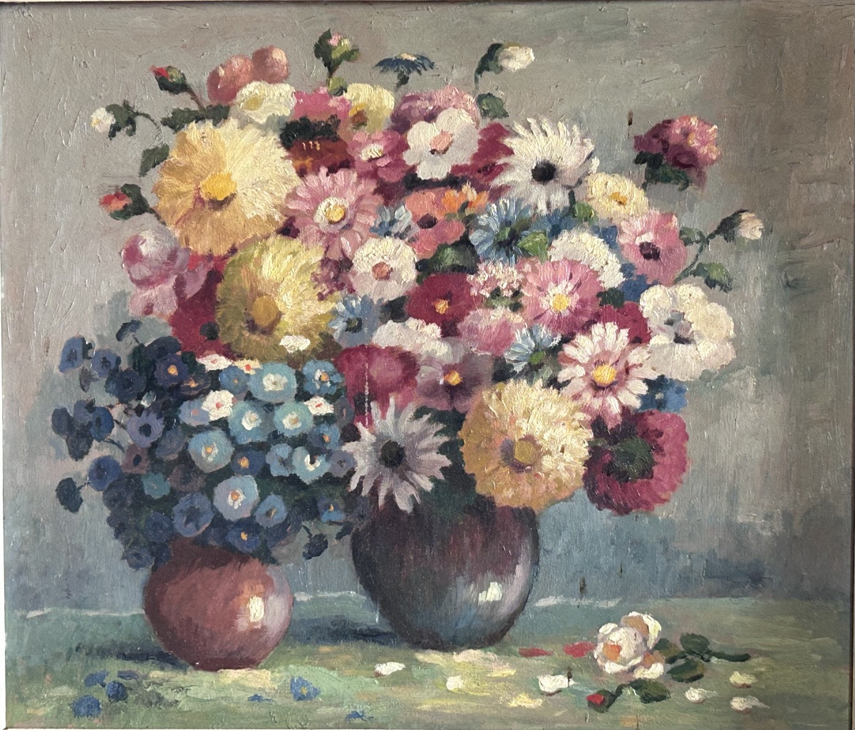 Amaat van Cleven, huile sur carton art déco bouquet de fleurs -photo-3