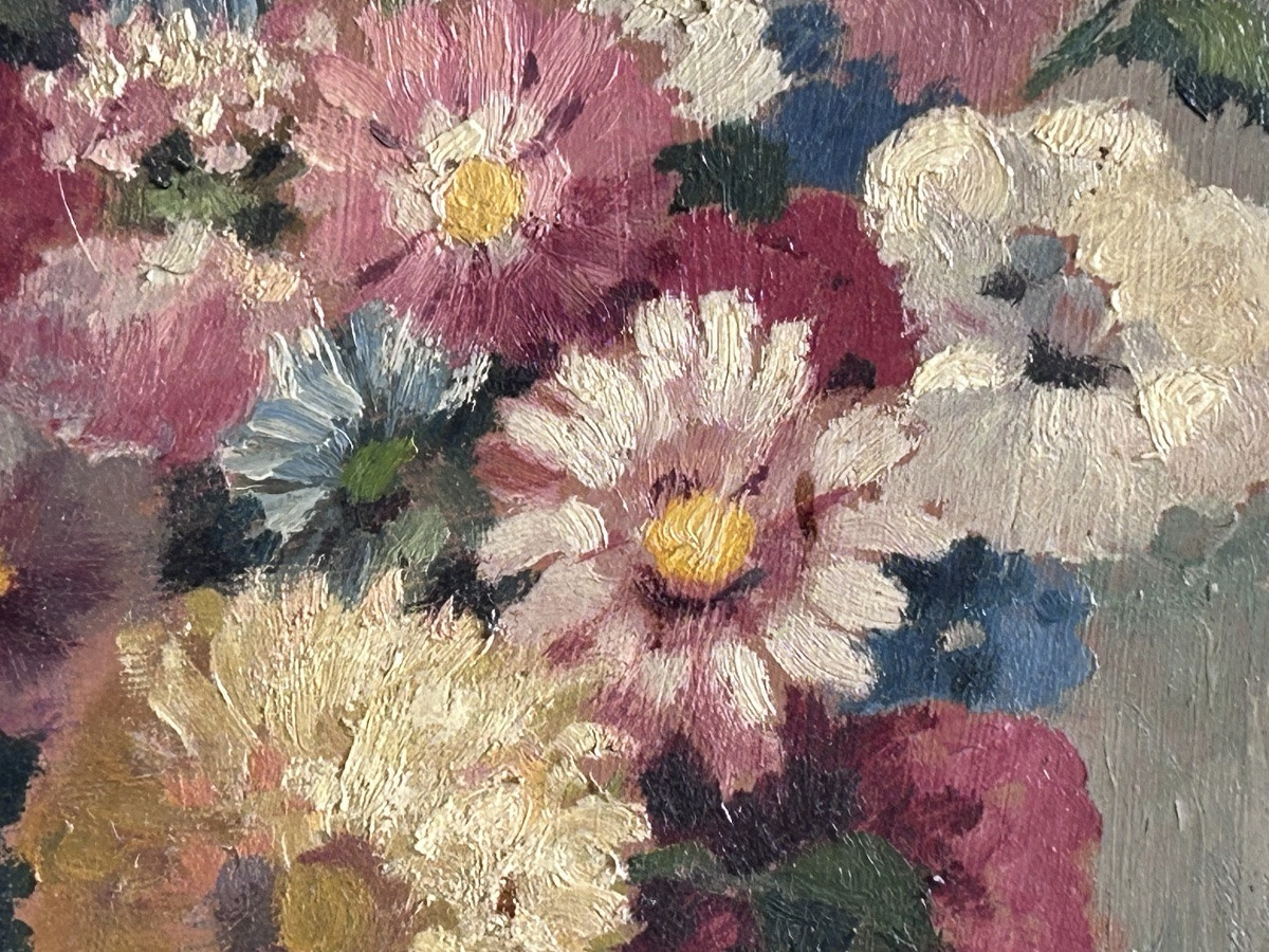 Amaat van Cleven, huile sur carton art déco bouquet de fleurs -photo-4