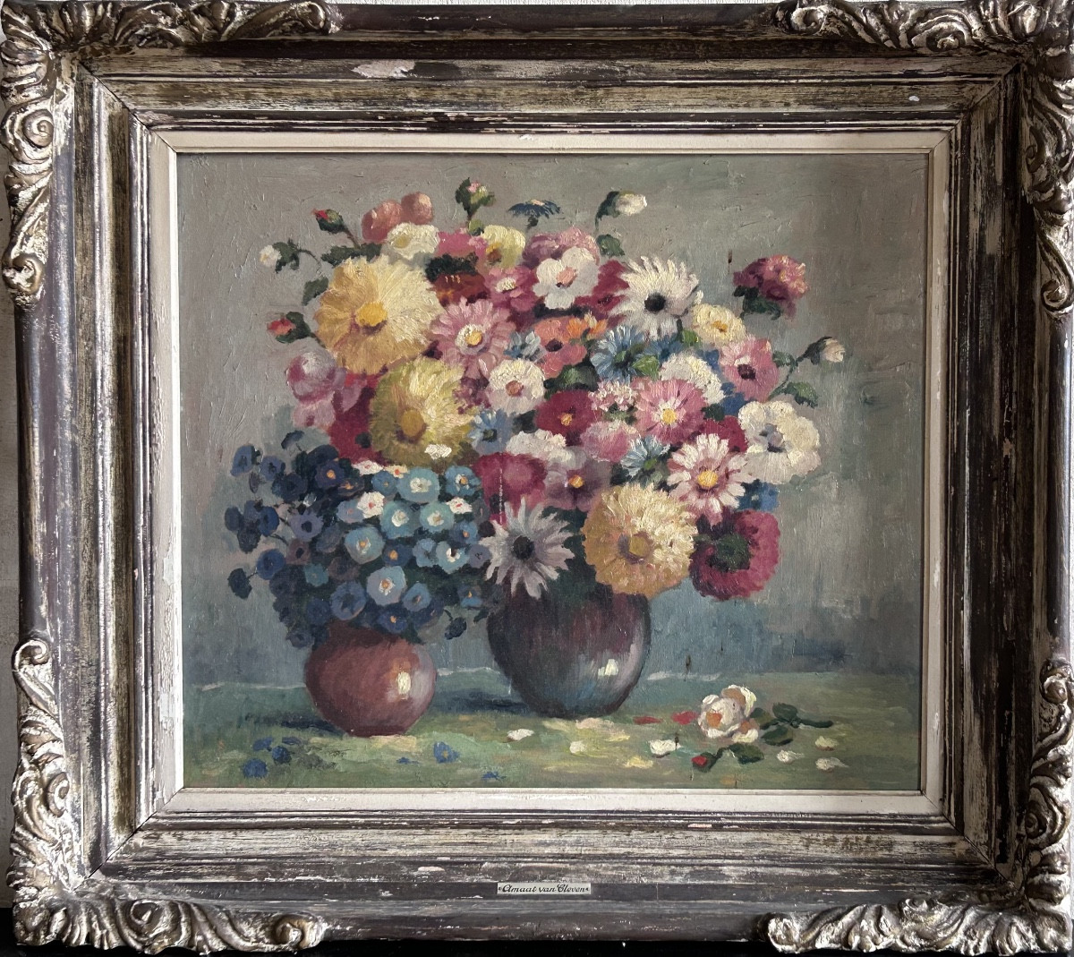 Amaat van Cleven, huile sur carton art déco bouquet de fleurs 