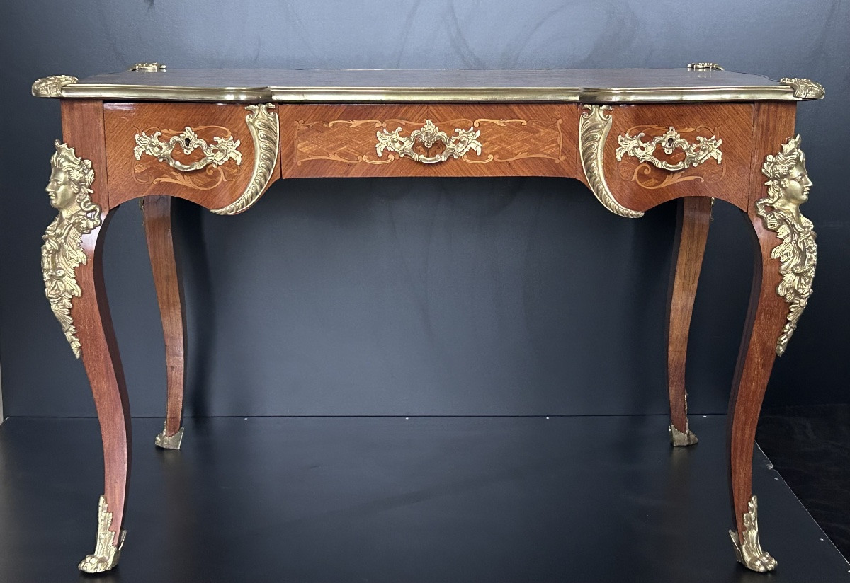 Bureau plat en marqueterie et bronze doré Napoléon III-photo-2