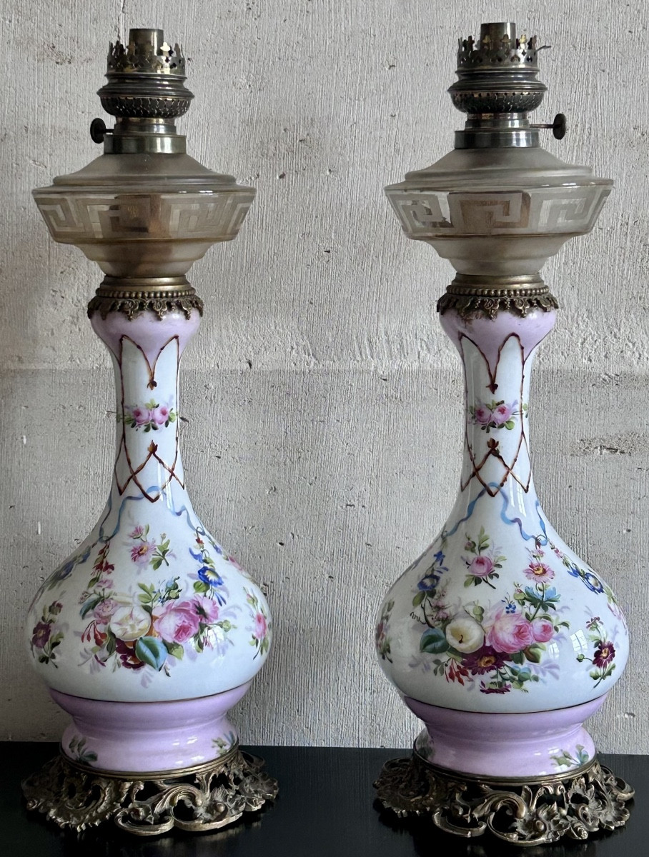 Pair Of Paris Porcelain Oil Lamps 19th Century