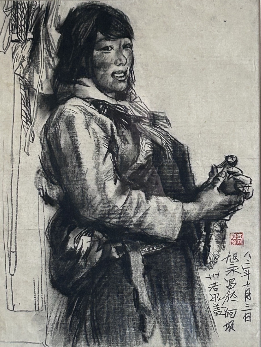 Dessin au fusain sur papier, portrait de femme artiste chinois-photo-2