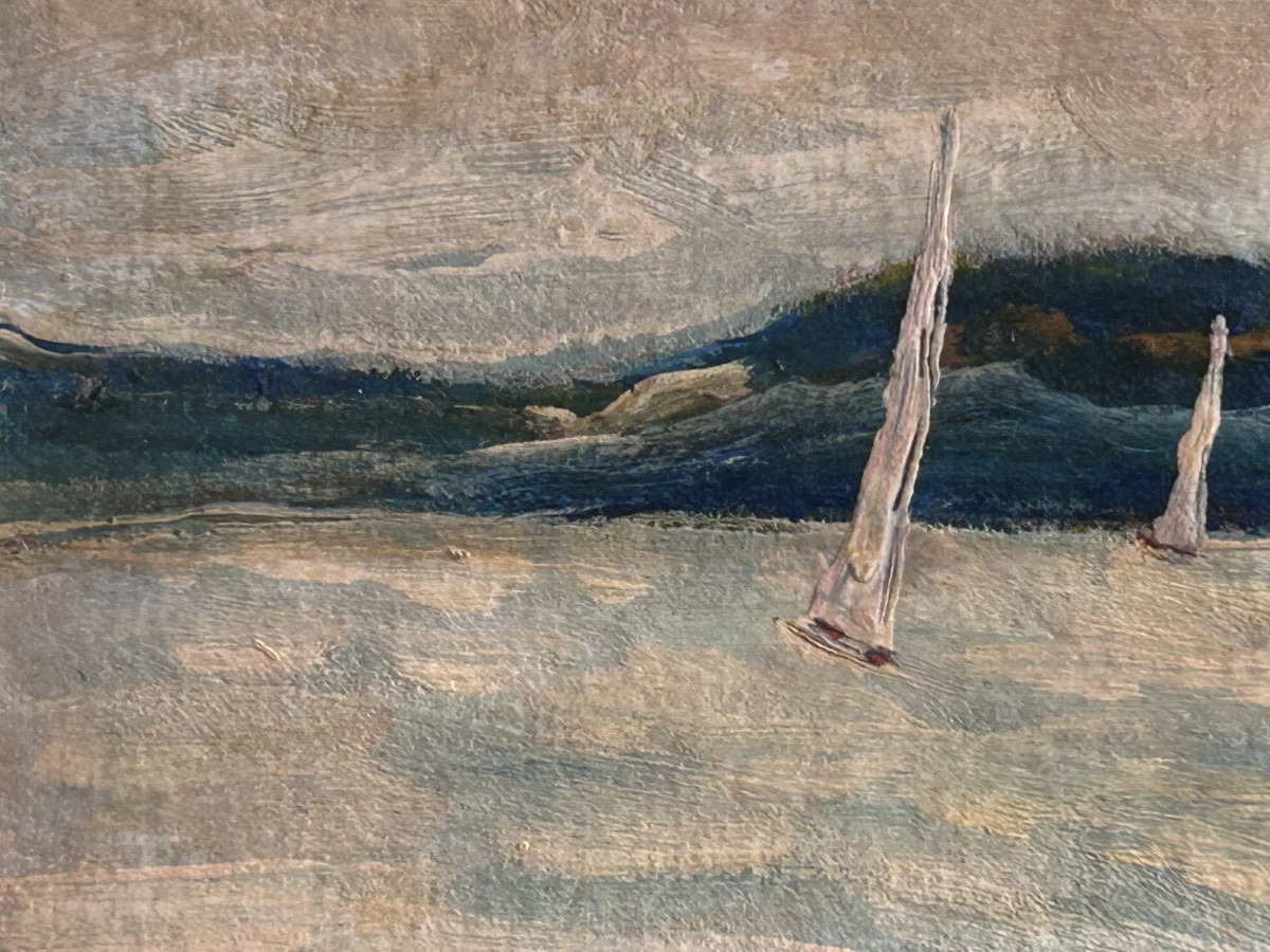 J. Benedek, paysage Lac Balaton (Hongrie) huile sur carton-photo-1
