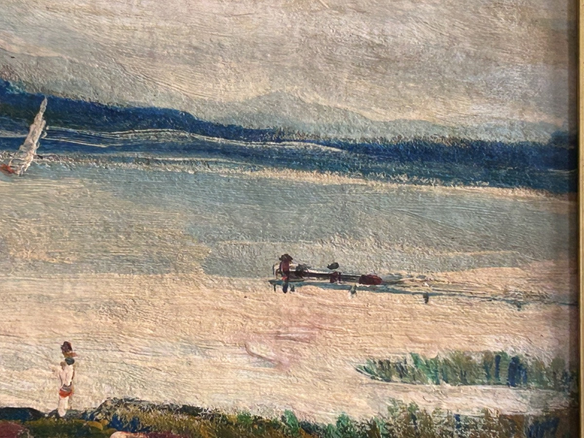 J. Benedek, paysage Lac Balaton (Hongrie) huile sur carton-photo-3