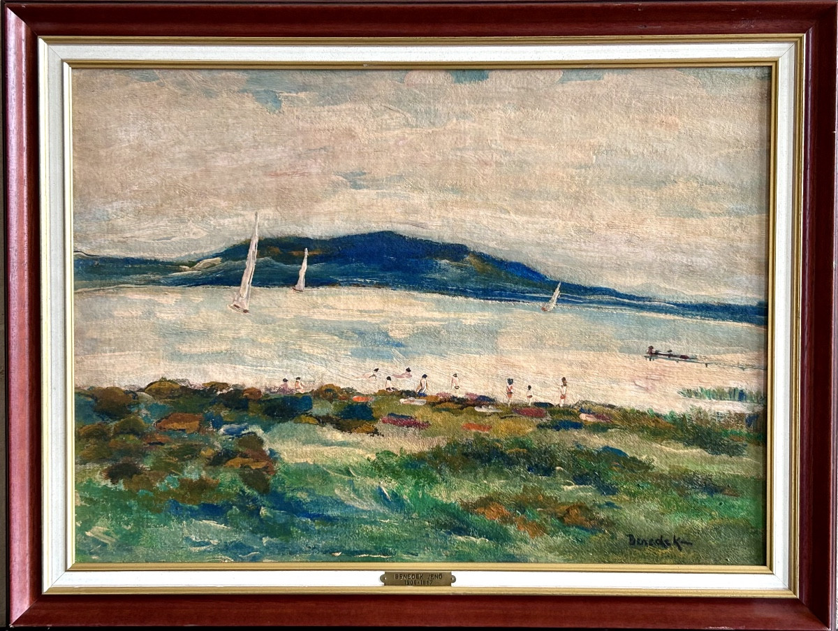 J. Benedek, paysage Lac Balaton (Hongrie) huile sur carton