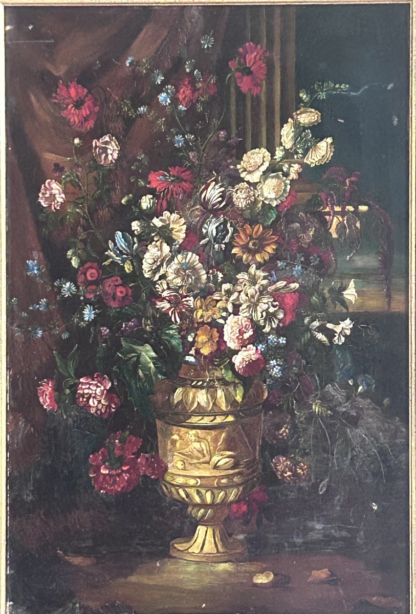 Huile sur cuivre, bouquet de fleurs dans un vase XIXe siècle -photo-2