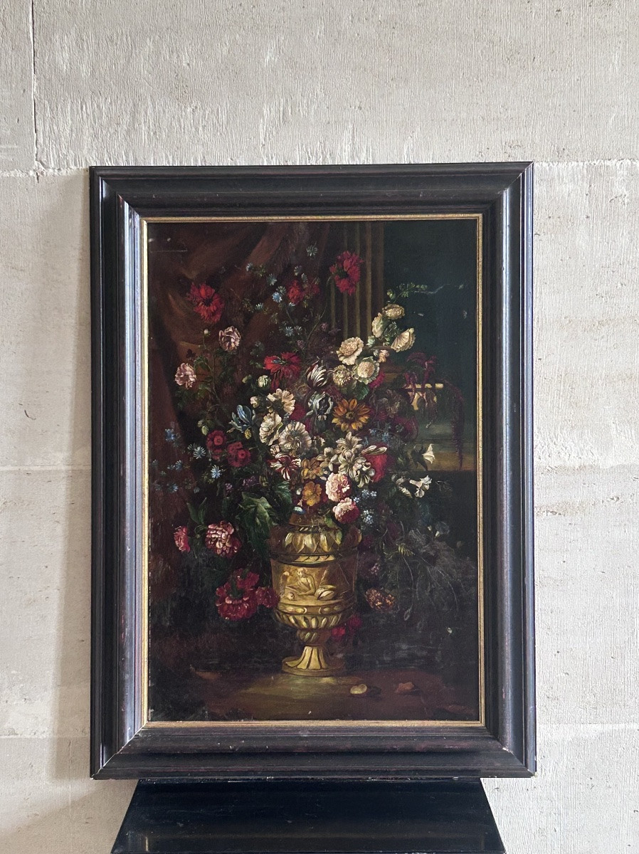 Huile sur cuivre, bouquet de fleurs dans un vase XIXe siècle -photo-3