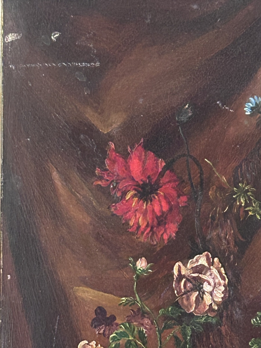 Huile sur cuivre, bouquet de fleurs dans un vase XIXe siècle -photo-3