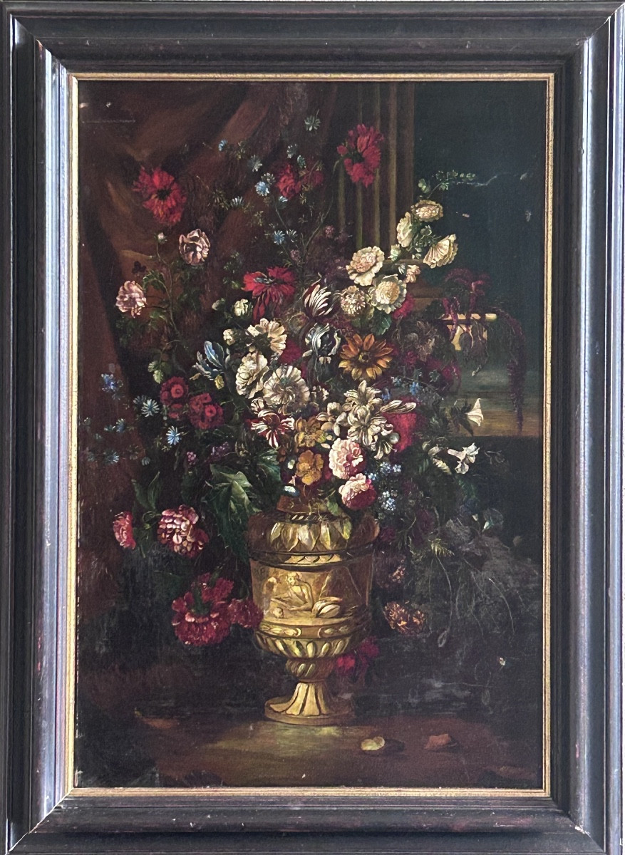 Huile sur cuivre, bouquet de fleurs dans un vase XIXe siècle 