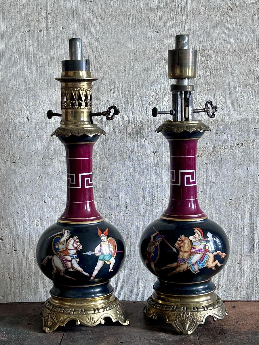 Paire de lampes à pétrole en porcelaine Napoléon III-photo-2