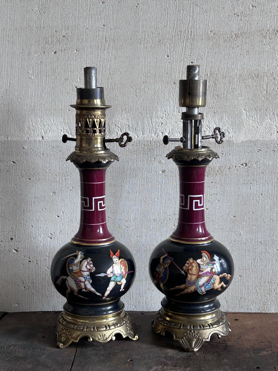 Paire de lampes à pétrole en porcelaine Napoléon III-photo-7
